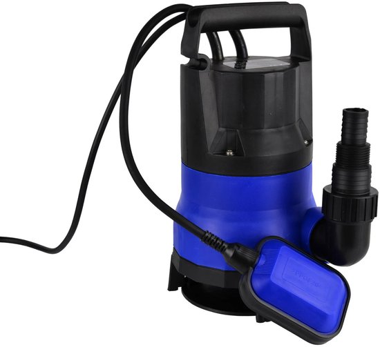 Blauwe dompelpomp met zwart handvat, kabel en vlotterschakelaar.