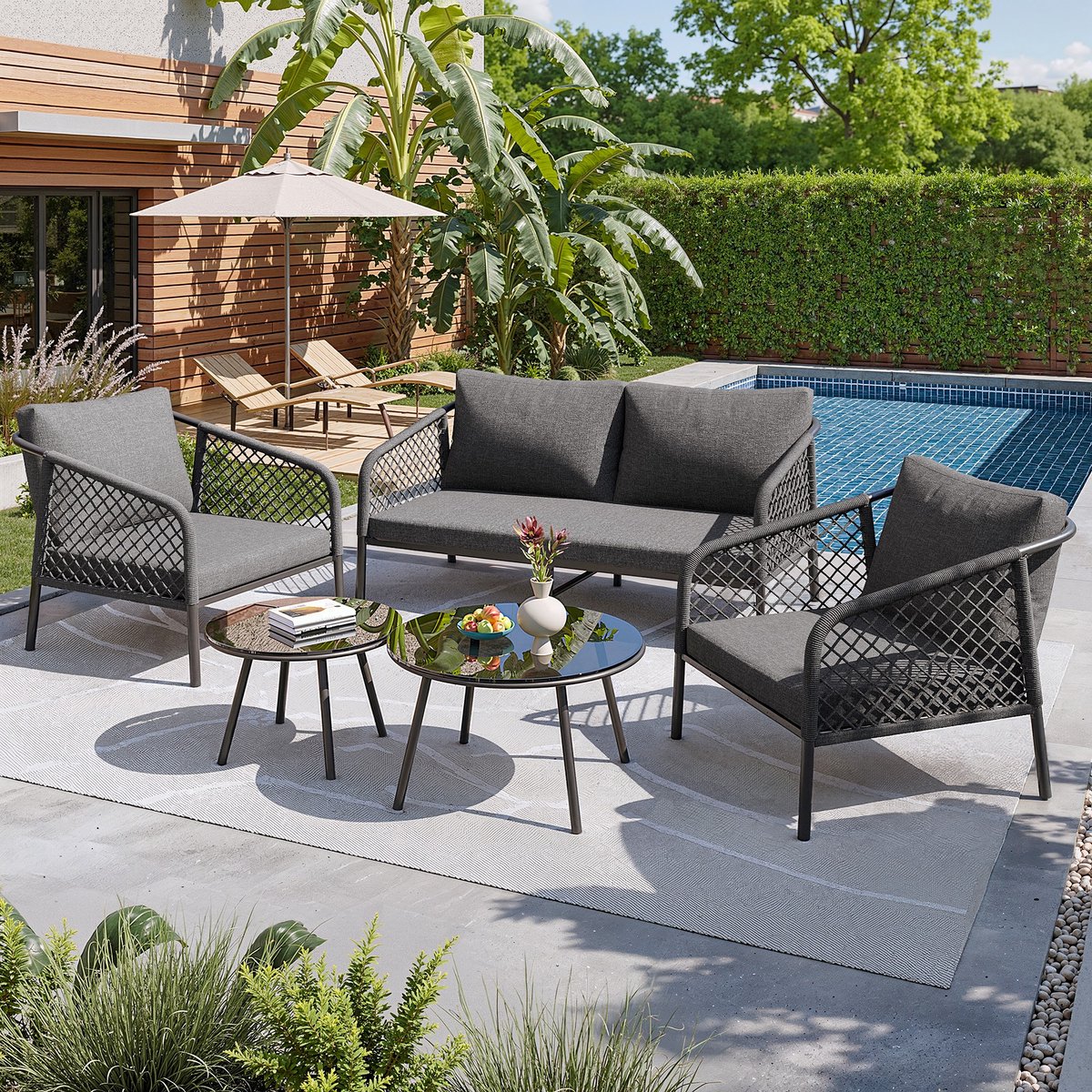 Sweiko Tuin Loungeset - Glazen Tafelblad - Inclusief Zitkussens - Balkonset - Grijs