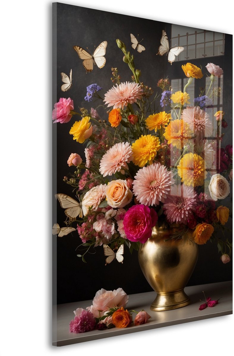 Glasschilderij Vlinders en bloemenpracht - 90 x 60 cm - Bloemstuk - Bloemen en Planten - Acrylaat - Inclusief wandbevestiging - Foto op plexiglas - Wanddecoratie woonkamer – Modern – Klassiek
