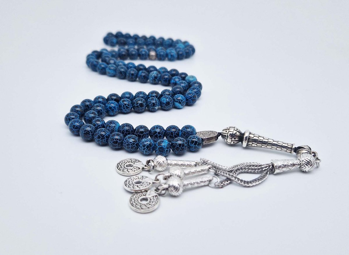 Handgemaakte tesbih "Tasbih" natuursteen " Blauwe harmonie" - Aantal kralen 99 - Diameter kralen 8MM - met metaal tassel "Cirkels" - Een mooi cadeau-idee