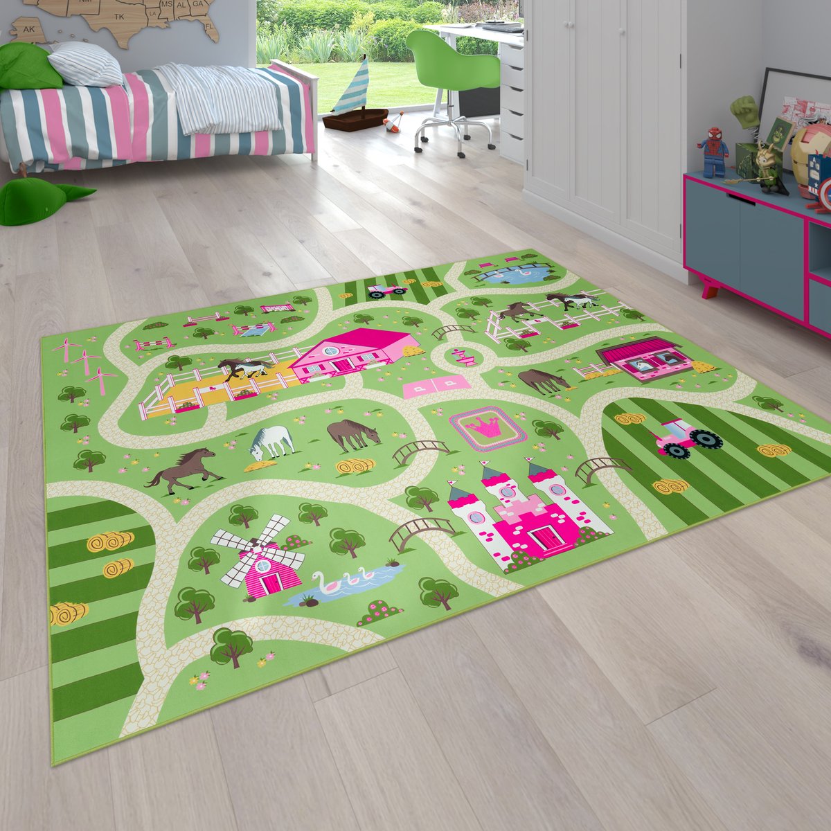 Flycarpets Binola Kindervloerkleed Groen / Roze - 80x150 cm - Speelkleed / Speelmat Auto - Laagpolig Vloerkleed Kinderkamer