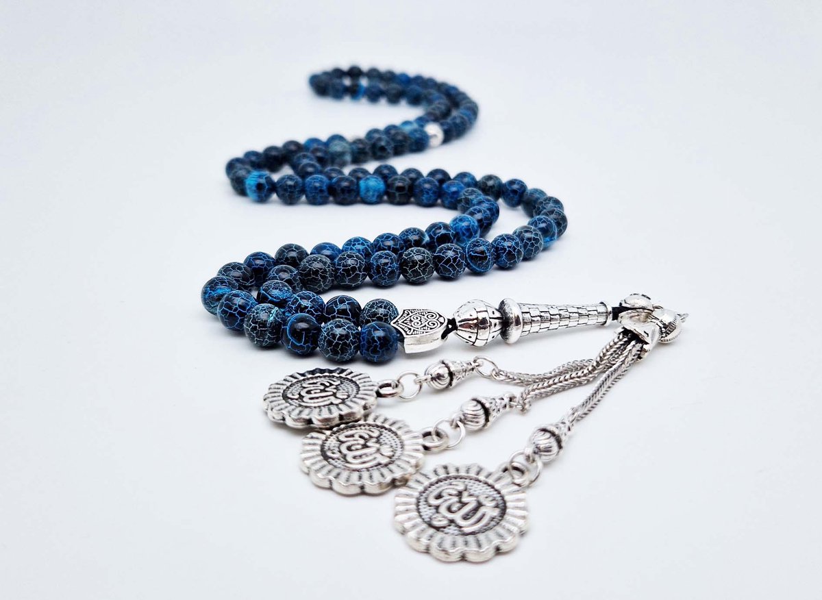 Handgemaakte tesbih "Tasbih" natuursteen " Blauwe harmonie" - Aantal kralen 99 - Diameter kralen 8MM - met metaal tassel "Allah" - Een mooi cadeau-idee