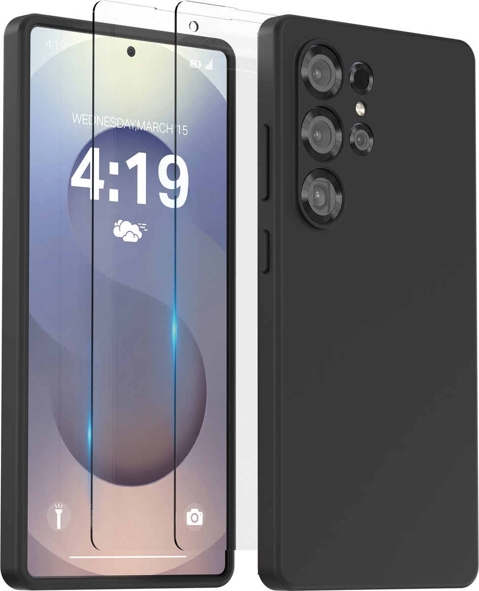Hoesje geschikt voor Samsung S25 Ultra Zwart - 2x screenprotector - beschermglas screen protector- Anti Shock case