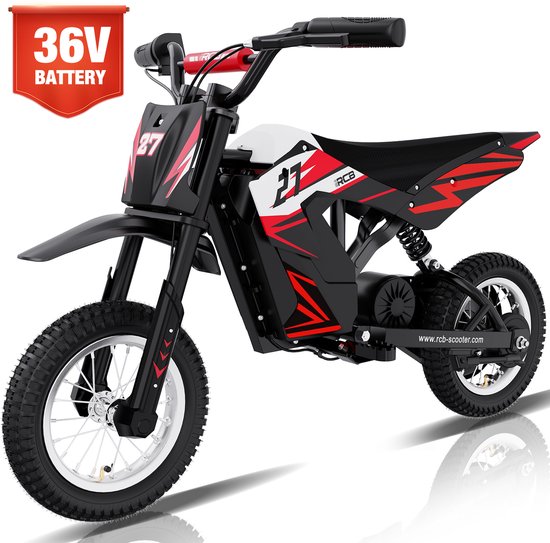 Elektrische kinder crossmotor in zwart met rode accenten en nummer 27. 36V batterij aanduiding.