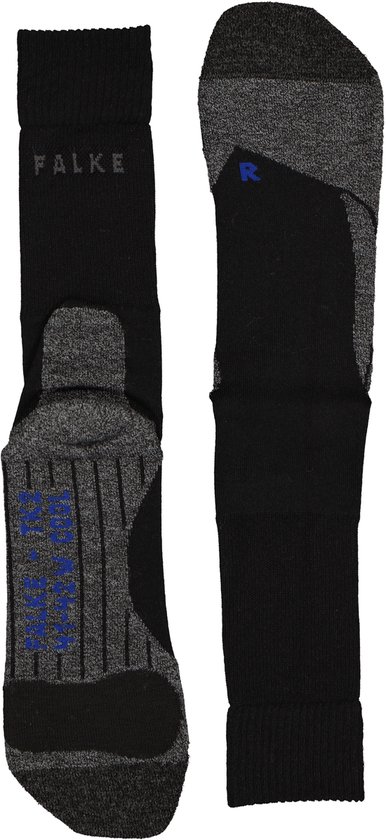 Falke TK2 Cool wandelsokken, zwart met grijze gemêleerde hiel- en teenversterking en blauwe R-markering.