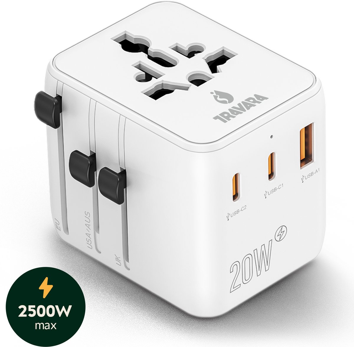 Bol.com TRAVARA Reisstekker - 2500W – Wereldstekker Universeel - 170+ Landen – Reisstekker Engeland (UK), Amerika (USA), Afrika,... aanbieding