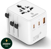 TRAVARA Reisstekker - 2500W – Wereldstekker Universeel - 170+ Landen – Reisstekker Engeland (UK), Amerika (USA), Afrika, Italië, Japan, Thailand – Wereldstekkers – 2x USB C Snel laadpoorten – 1X USB