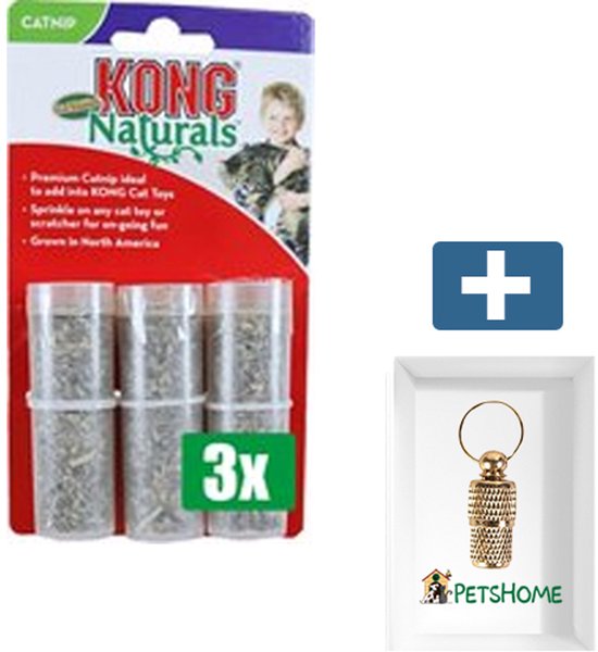 Foto: Kong voordeelverpakking 3 stuks refillables catnip kattenkruid buisjes 3 st inclusief petshome goudkleurige adreskoker