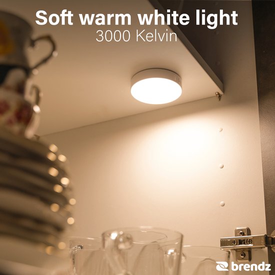 Éclairage d'armoire ronde à LED Brendz avec détecteur de mouvement, rechargeable par USB-C, magnétique, 4 pièces, blanc chaud 3000 K, éclairage d'escalier sans fil, veilleuse