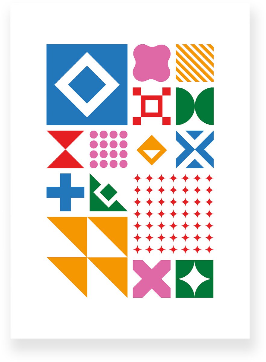 Poster 30x40 cm - Grote Geometrische Vormen - Blauw - Rood - Oranje - Abstract - Vintage - Muurdecoratie - Wanddecoratie