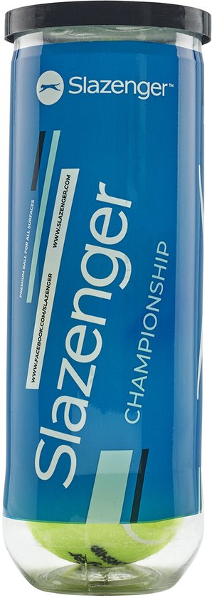 Blauwe cilinder met Slazenger Championship tennisballen. Met logo en website.