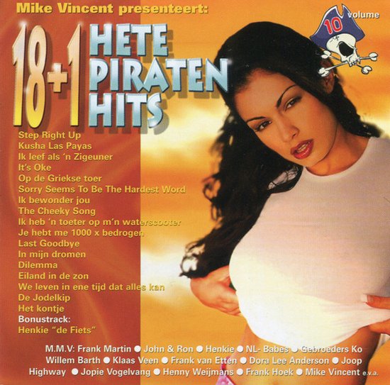 Albumhoes met de titel '18+1 Hete Piraten Hits Volume 10'. Een vrouw met bruin haar, witte top en spijkerbroek.