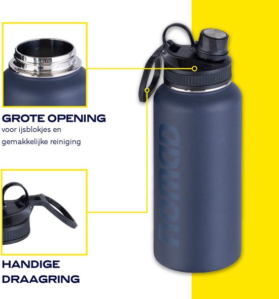 Donkerblauwe fles met grote opening en handige draagring. NOMAD logo.