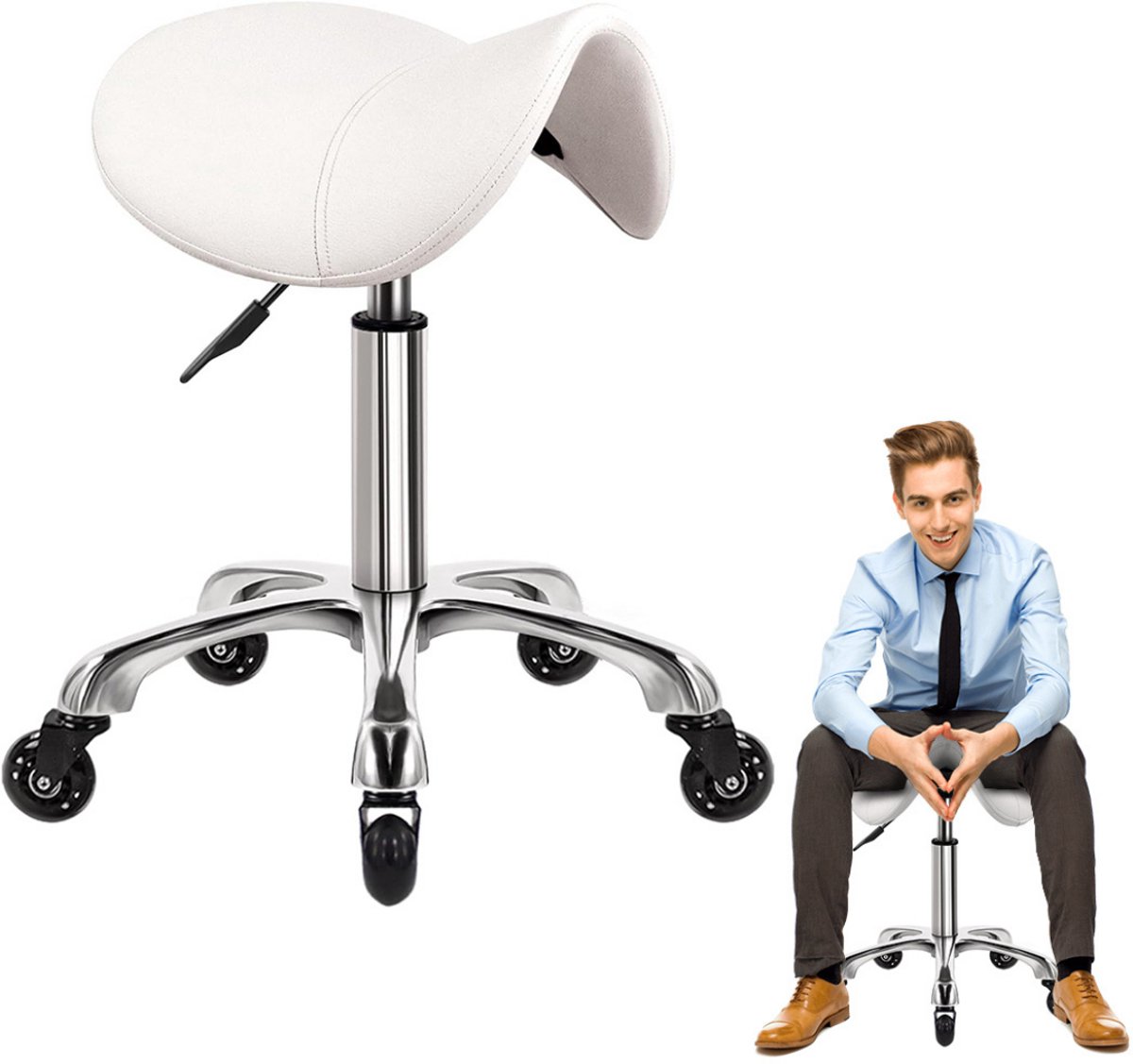 ApexArte® Zadelkruk op Wielen - Kapperskruk Ergonomisch - Tabouret - Wit
