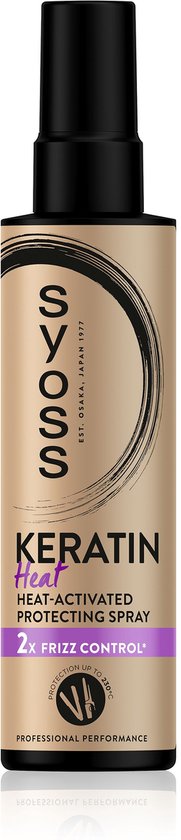Syoss Keratine Heat-Activated Protecting Spray in een gouden fles met zwarte letters.