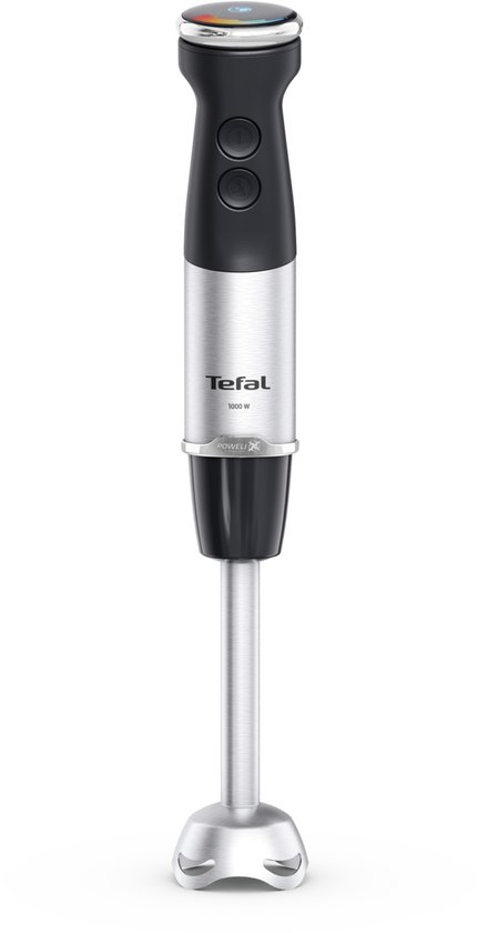 Zwarte en RVS staafmixer van Tefal met 1000W en turbostand.