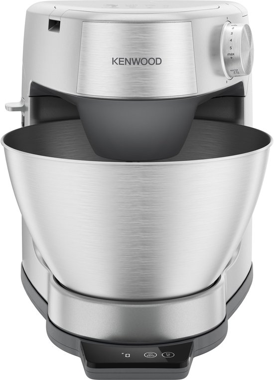 Zilverkleurige Kenwood keukenmachine met metalen mengkom, close-up.