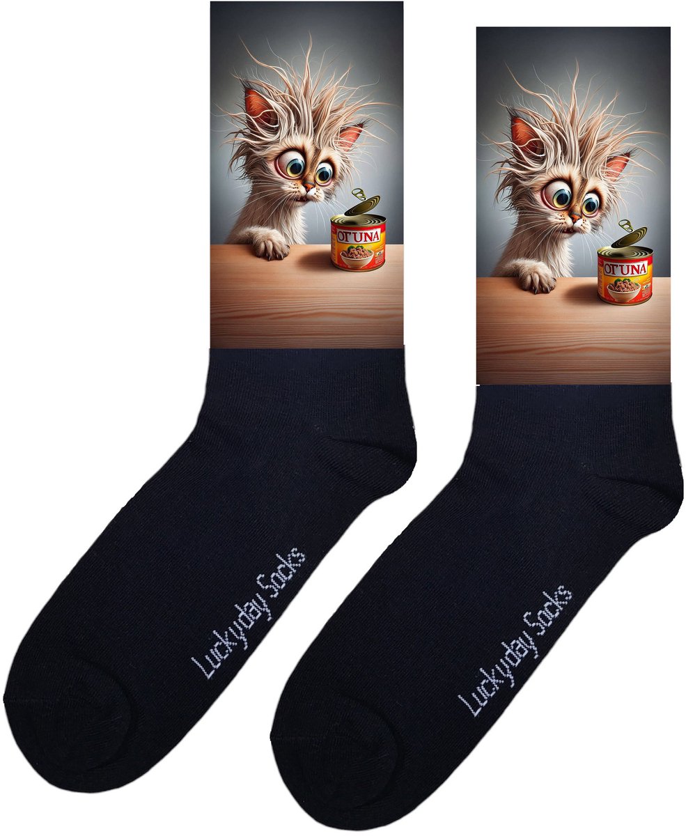 Poes - Opkikker - Grappige sokken - Valentijns cadeau - Verjaardag cadeau - Sint cadeau - Leuke sokken - Aparte sokken - Vrolijke sokken - Cadeautje - Grappige cadeau - Kerstsokken - Vaderdag - Moederdag - Kattenvoer - Vis - Socks maken Happy - 37-44