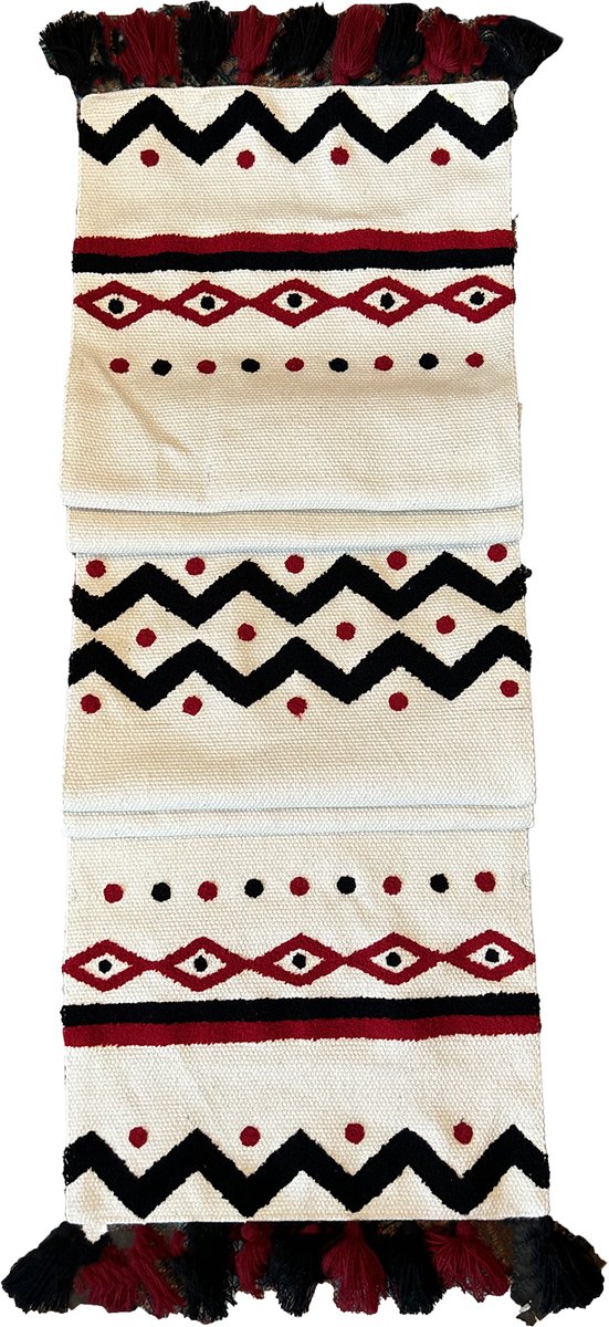 Geborduurde tafelloper met kwastjes | Katoen | 36 X 183 CM | Crème, rood | Tafelloper | Table Runner | Tafellaken | wonen | woonaccessoires