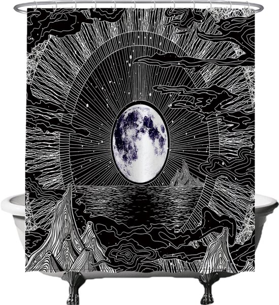 Foto: Ulticool douchegordijn maan sterrenhemel natuur bohemian 180 x 200 cm semi transparant met 12 ringen wit anti schimmel tarot kaarten heks boho aesthetic psychedelic zonnestelsel universum hippie heelal planeten zwart wit