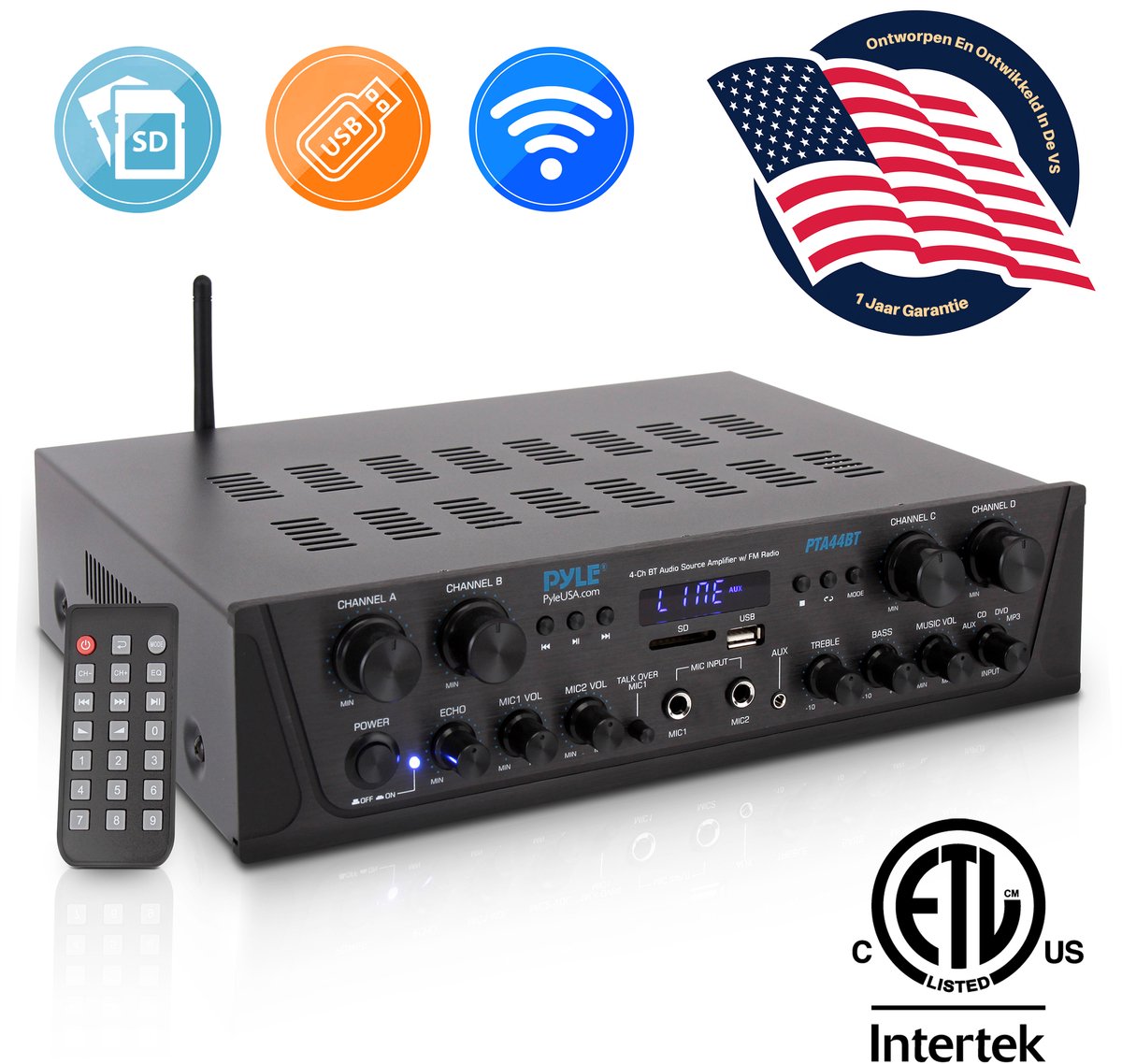 Pyle Bluetooth Versterker - Karaoke Draadloze Audioversterker - 4-Kanaals Stereo Audio Thuisbioscoop Luidspreker - Geluid Vermogensontvanger met AUX IN, FM, RCA - Subwoofer Luidsprekers