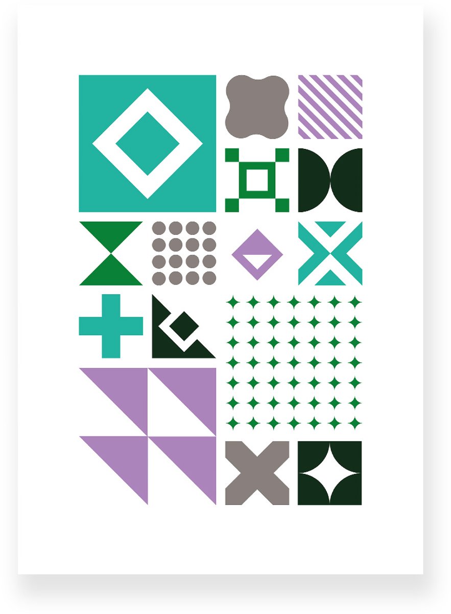Poster 30x40 cm - Grote Geometrische Vormen - Groen - Paars - Zwart - Abstract - Vintage - Muurdecoratie - Wanddecoratie