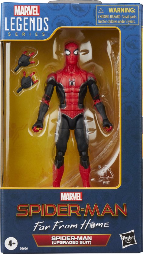 Verpakking met Spiderman actiefiguur in rood met zwarte 'Upgraded Suit'.