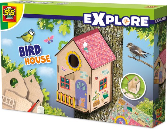 SES Creative – Explore - Vogelhuis - Knutsel en versier jouw vogelhuis – nestkast - Knutselpakket – Bouwpakket vogelhuis