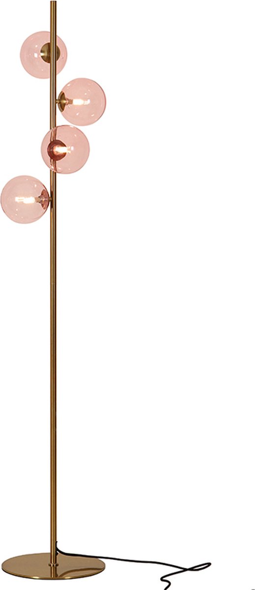 Olucia - REMO - Vloerlamp - Roze / Messing - Vorm: Bol