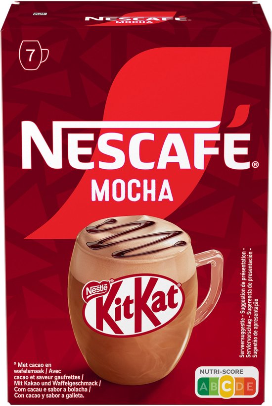 Nescafé Mocha KitKat: doos met 7 zakjes, met afbeelding van mok koffie.