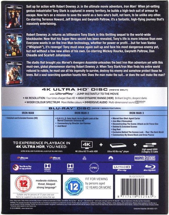 Achterkant van de 4K Ultra HD Iron Man 3-filmcollectie box met filmdetails en logo's.