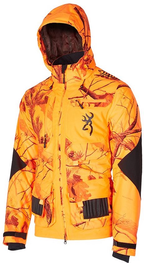 Parka de chasse orange avec imprimé camouflage, accents noirs sur les épaules, les poignets et les empiècements des poches. Logo Browning sur la poitrine.