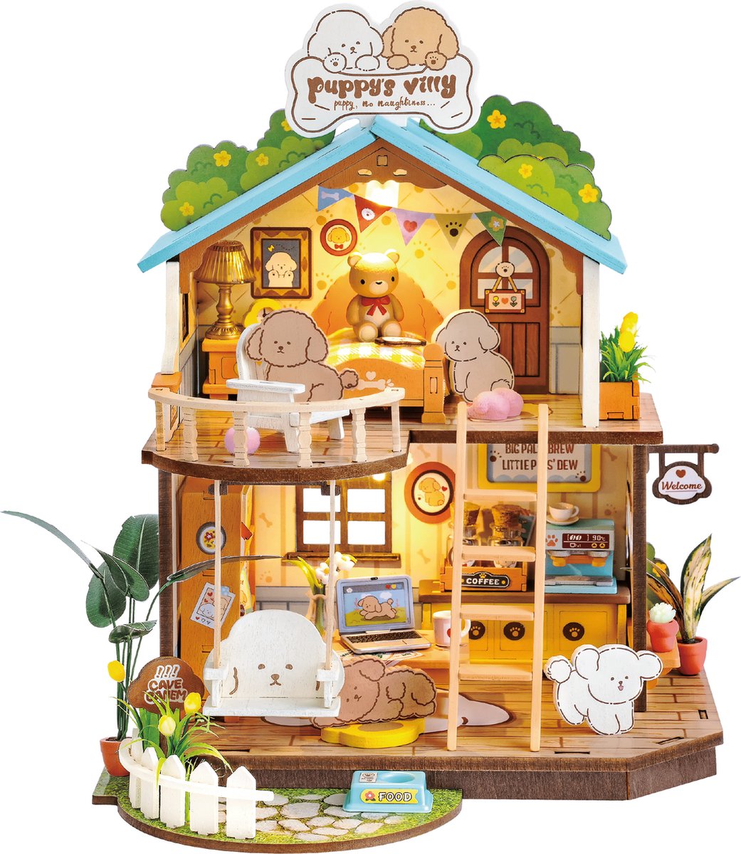 Robotime, DIY Huisje, Puppy's Cozy Villa met LED verlichting, DG169, 22x18,3x23,5cm