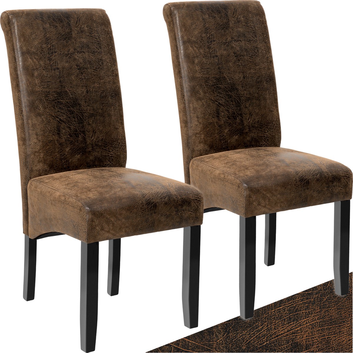 Tectake Eetkamerstoel - Comfortabele kunstleren stoel met hoge rugleuning - Keukenstoel voor keukentafel - Gestoffeerde keukenstoel - Diverse kleuren en sets - Maximale belasting 120 kg - Afmeting (LxBxH) 44 x 63 x 106 cm - Set van 2 - Antiek bruin