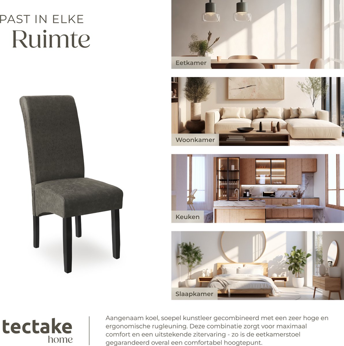 tectake® Eetkamerstoel - Comfortabele kunstleren stoel met hoge rugleuning - Keukenstoel voor keukentafel - Gestoffeerde keukenstoel - Diverse kleuren en sets - Maximale belasting 120 kg - Afmeting (LxBxH) 44 x 63 x 106 cm - Set van 4 - Grijs – foto 4
