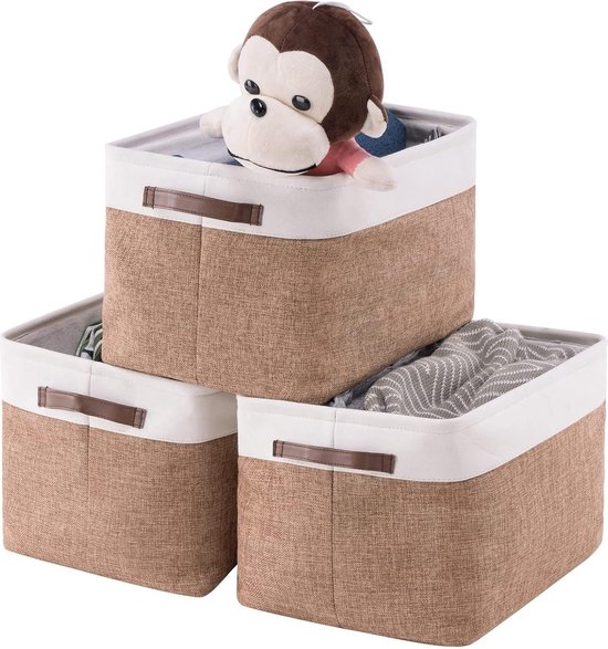 Mangata Opvouwbare opbergkubusdozen, 25 cm kubus linnen geweven stoffen opbergmanden met lederen handgrepen 4 stuks (grijs