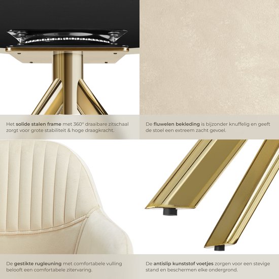 Details van de crèmekleurige stoel: stalen frame, fluwelen bekleding, gestikte rugleuning en antislipvoetjes.