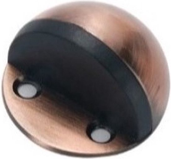 Koperkleurige halfronde deurstopper met zwarte buffer en twee schroefgaten.