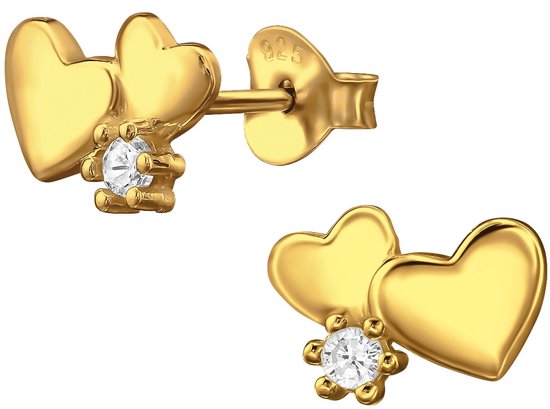 Gouden oorknoppen met twee hartjes en een zirkonia steentje.