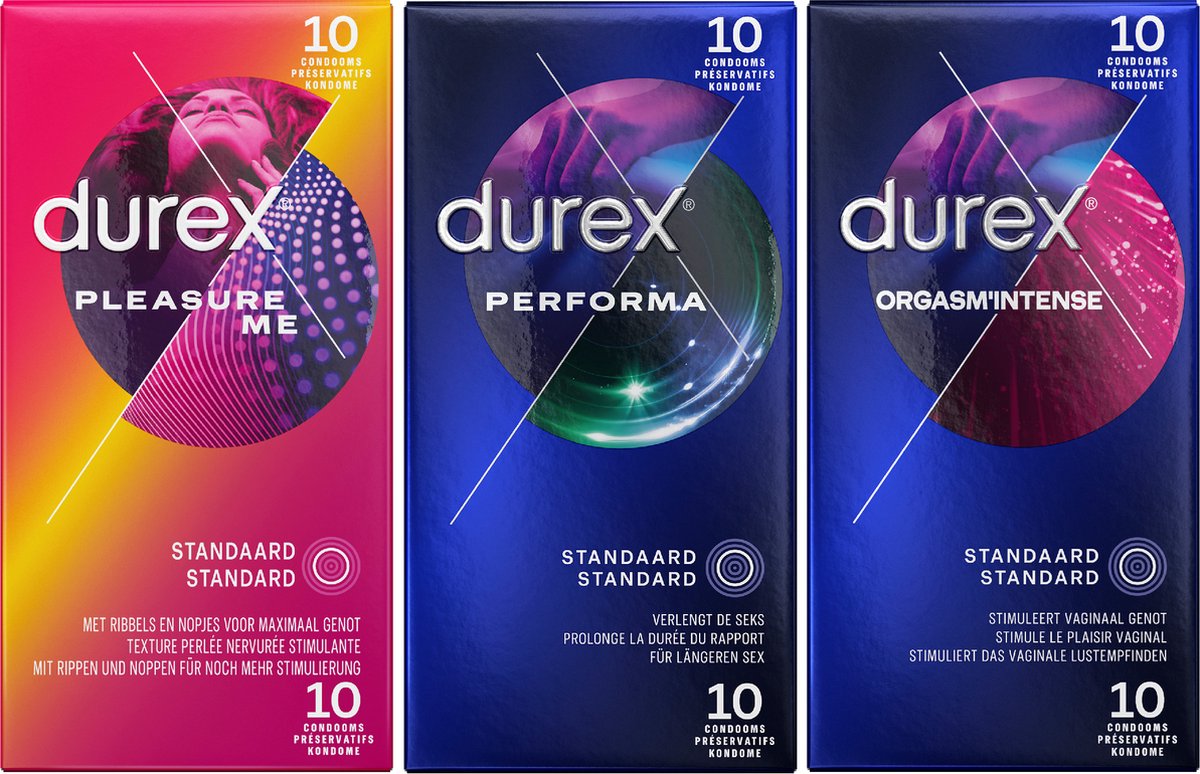 Durex - Pleasure Me Condooms 10 stuks, Orgasm Intense Condooms 10 stuks&Performa Condooms10 stuks - Pakket