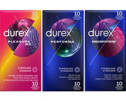 Durex - 30 stuks Condooms - Pleasure Me 10 stuks met ribbels - Orgasm Intense Stimulerende Gel 10 stuks - Performa 10 stuks vertragende effect - Voordeelverpakking