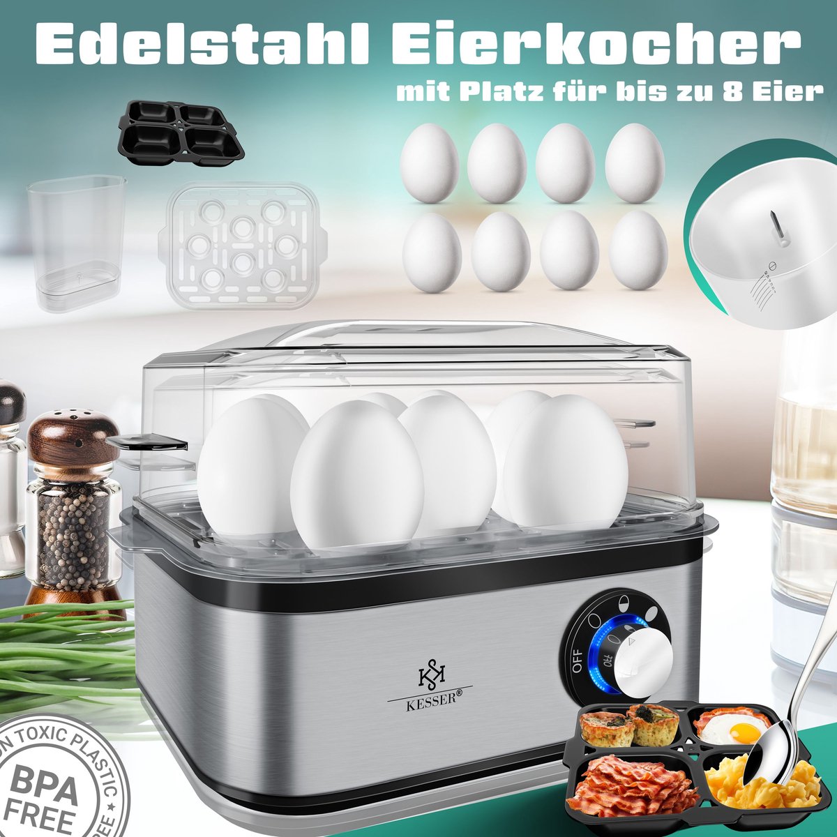 KESSER® Eierkoker tot 6 Eieren Elektrisch van Roestvrij Staal 400W & Warmhoudfunctie | Kiep-Functieschakelaar 3 Hardheidsgraden | BPA-vrij & Vaatwasserbestendig | Maatbeker & 2x Omeletbakjes Antraciet