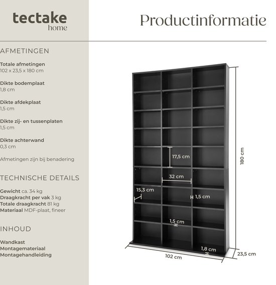 Tectake Étagère à CD étagère à dvd modèle sur pied noir 180 x 102 x 23,5 cm 401704