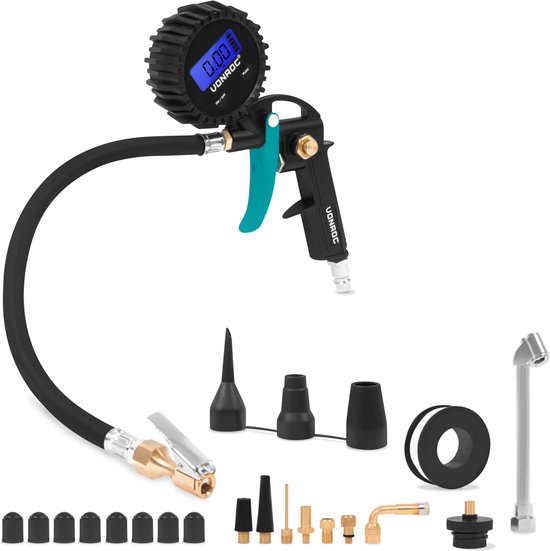 Foto: Vonroc pro bandenpomp fietspomp 3 in 1 pompen druk meten en ontluchten digitale manometer geschikt voor compressor en perslucht 10 bar universele euro din 7 2mm kop peling incl accessoires