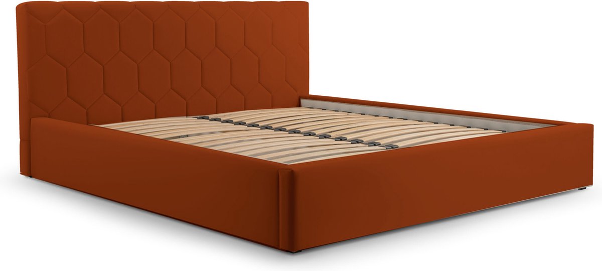 Tweepersoonsbed met fluwelen bekleding, met hoofdeinde, lattenbodem, bed voor volwassenen - BED 02 - 180x200 - Donker oranje (TRINITY 25)