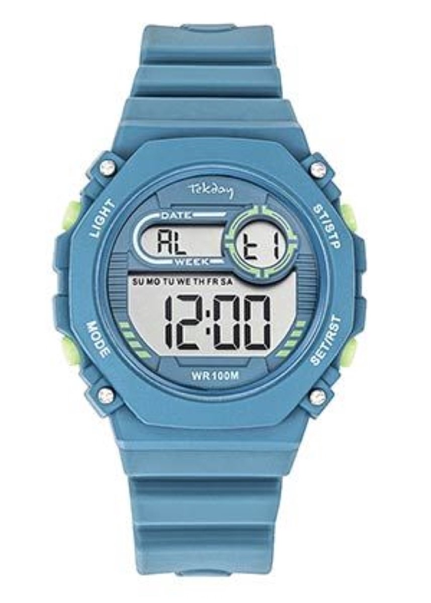 Tekday-Horloge-Digitaal-Tiener-38MM-Alarm-Timer-Stopwatch-10ATM waterdicht-Silicone band-blauw grijs.