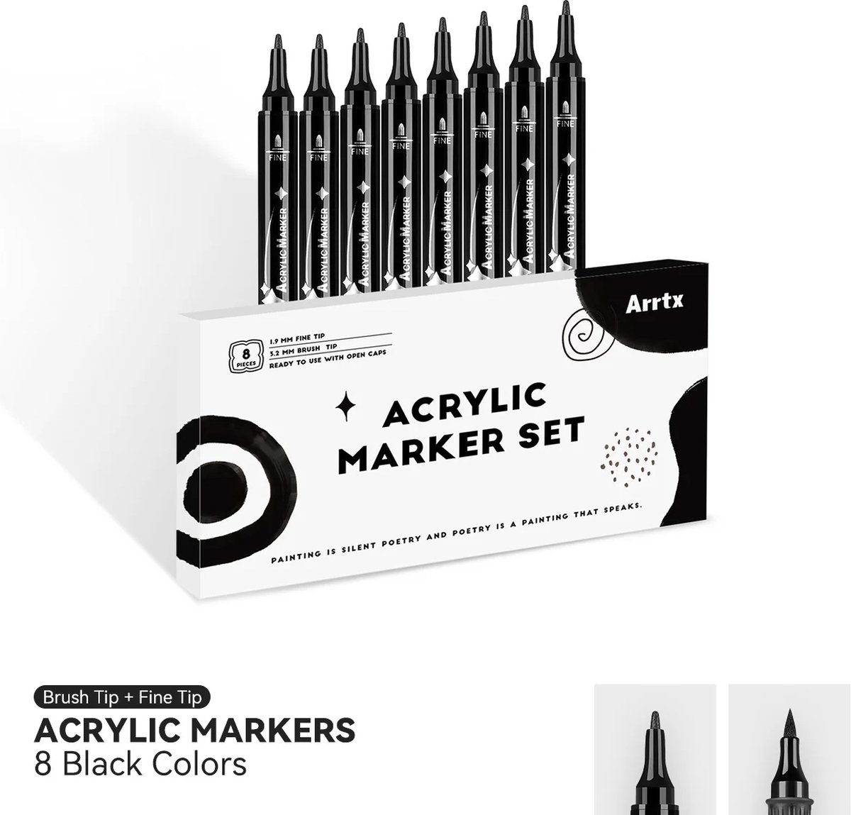 Arrtx - Acrylmarkers - Paint Dual Tip Markers - set van 8 - zwart