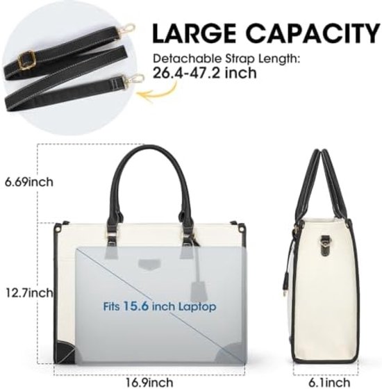 ECOSUSI dames aktetas, laptoptas 15,6 inch, vintage schoudertas met afneembare strik, schooltas