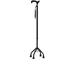 Wandelstok met 4 poten Zwart - Met ergonomisch comfort handvat en polsbandje - Loopstok - Verstelbaar 78,5 cm - 101 cm - Lichtgewicht