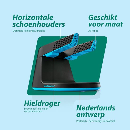 Zwarte schoenverfrisser met blauwe accenten, horizontale schoenhouders en voetmaatindicatie.